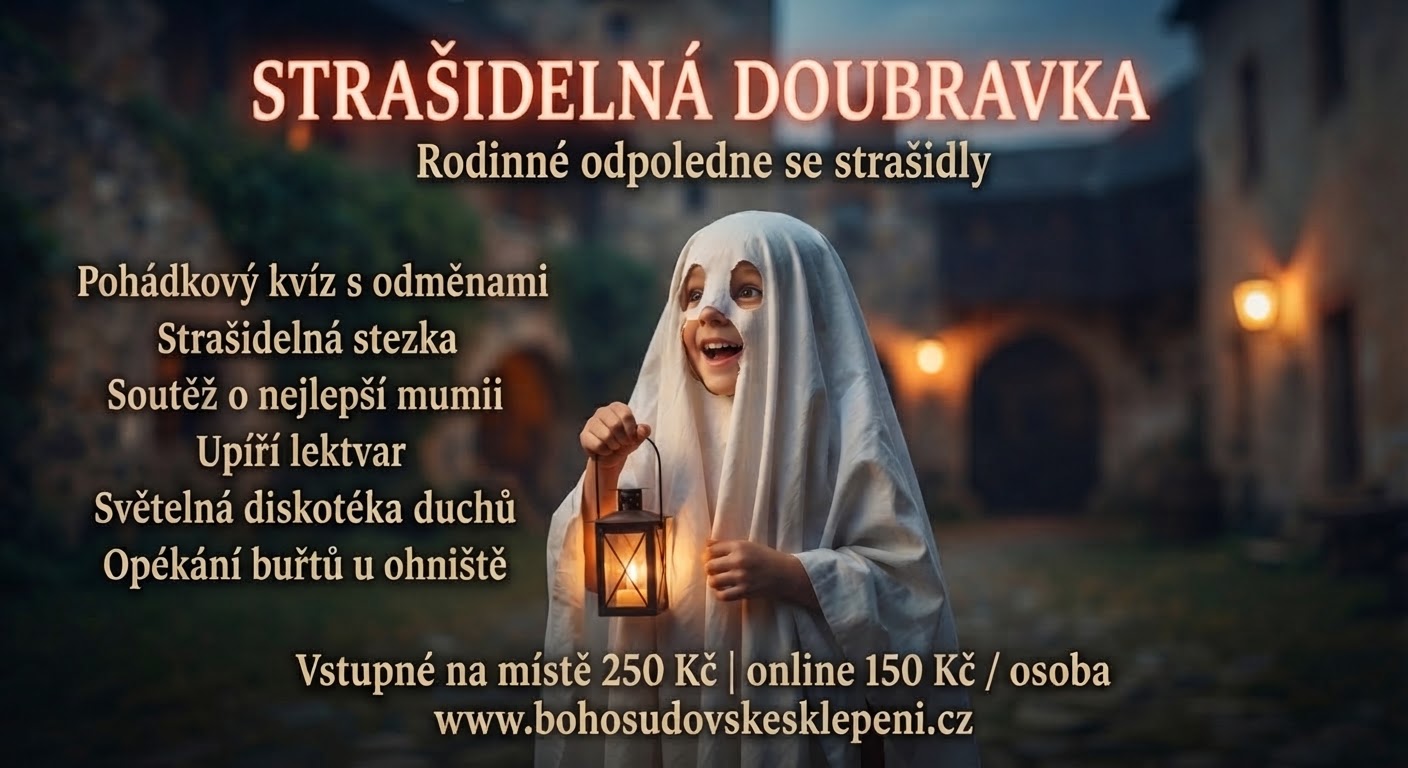 Plakát Strašidelná Doubravka s dítětem v kostýmu ducha s rozsvícenou lucernou